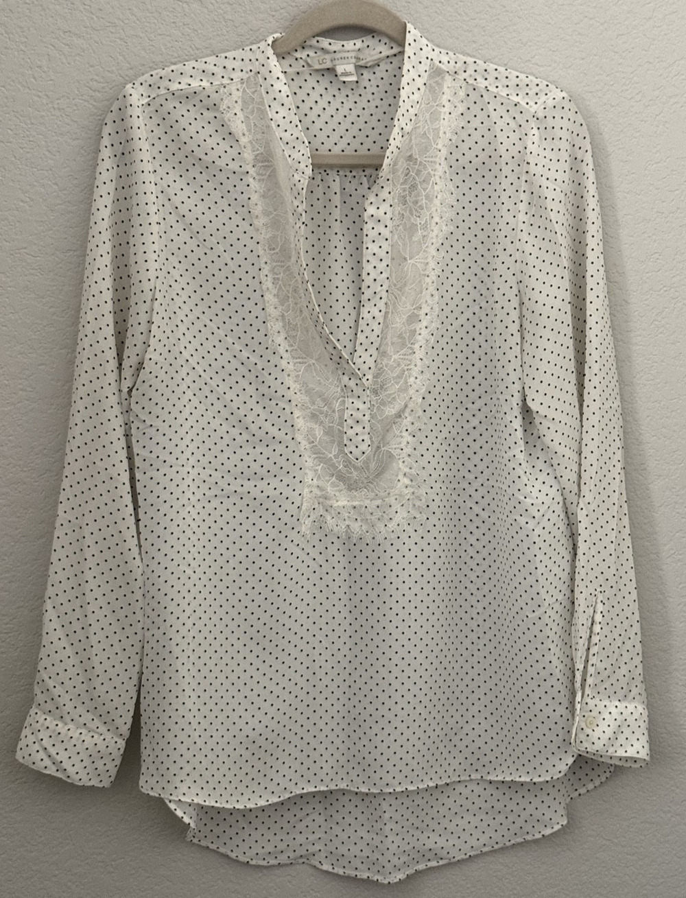 LC Lauren Conrad Womens Blouse White Lace Polka Dot Workwear Lightweight - L